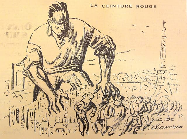 La grande bourgeoisie des beaux quartiers de l’ouest parisien, terrorisée car assiégée par la figure d’un ouvrier géant, sorti des usines de la banlieue rouge et industrielle, partie à la conquête de la capitale et de ses institutions. © Archives départementales du Val-de-Marne (71J70)